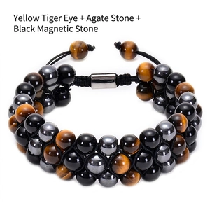 Detail of 8mm tiger eye, black agate and hematite beads in triple-layer woven bracelet