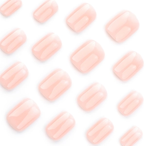 Minimalist short square ombre white nude fake nails with subtle vertical stripe patterns