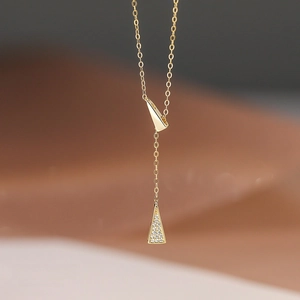 Elegant S925 sterling silver gold necklace with triangle pendant and tassels