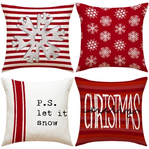 Christmas Snowflake Decorative Pillowcase Linen Stripe Print Cushion Cover Festive Home Sofa Decor Holiday Red White