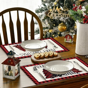 Christmas tree place mats with red buffalo plaid borders for holiday table decoration