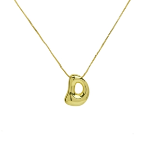 Macro detail of puffy 18K gold letter D bubble pendant on stainless steel chain