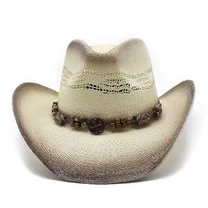Classic western style woven straw cowboy hat with vintage gradient finish and wooden beads