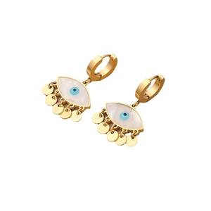 Golden evil eye hoop earrings with tiny charms and blue accents on a clean background