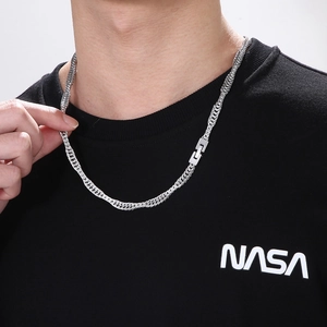 Men's silver titanium steel double woven chain necklace on model with rectangle buckle