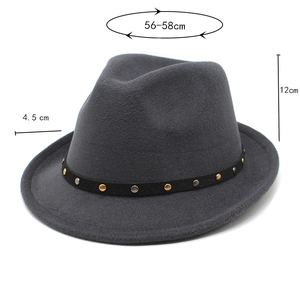 Detail of dark grey fedora with studded band showing 12cm crown height and 4.5cm brim