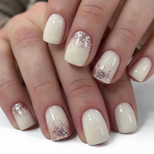 French Style Milky White Glitter Ombre Press On Nails Short Square Round Glossy Sweet False Nails For Women