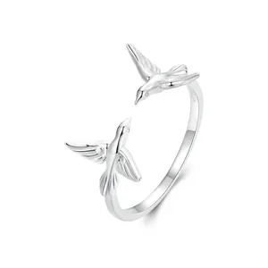 S925 Sterling Silver Flying Bird Open Ring For Women Adjustable Twin Swallow Animal Finger Ring Plated White Gold Minimalist Jewelry Anniversary Gift For Girls
