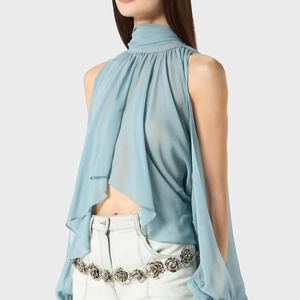Elegant light blue halter neck chiffon top with pleated details and sleeveless design