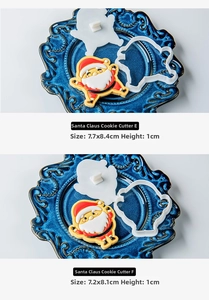 Detailed view of Santa Claus cookie molds showing precise dimensions and embossed shapes