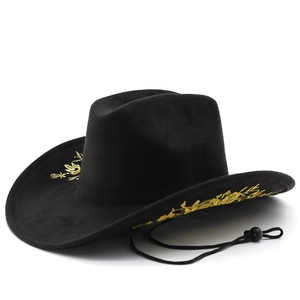 Chapeau de cowboy en daim noir avec broderie florale dorée et cordon de serrage réglable