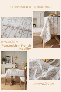 Detailed texture of French linen tablecloth with brown baroque scroll patterns