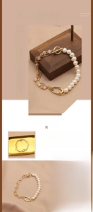 Detailed macro of baroque pearl bracelet with pink beads and 18K gold-plated OT toggle clasp
