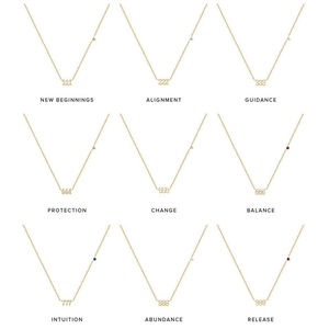 Detailed grid showing golden angel number necklaces with small colorful gemstones