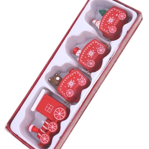 Red wooden Christmas train set with snowman and bear figures in white gift packaging