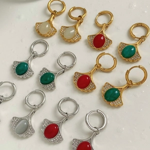 Stainless Steel Zircon Inlaid Fan Pendant Hoop Earrings Women Retro Geometric Gingko Leaf Elegant Jewelry Accessory