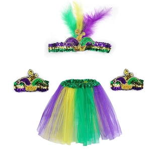 Close-up of Mardi Gras costume set featuring sequin feather headband and tulle tutu skirt