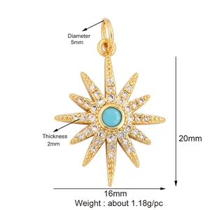 Detailed dimensions of gold star pendant with turquoise inlay and white zircon accents