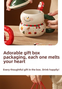 Detailed view of festive ceramic Christmas mug with green lid and Santa stirrer spoon
