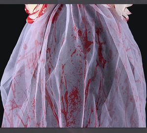 Detail of white Halloween ghost bride veil with realistic red blood splatter patterns