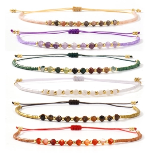 Set of six colorful woven cord bracelets with semi-precious beads and adjustable knots