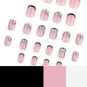French black press-on nails with silver glitter, star motifs and heart designs, 24 piece set