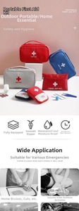 Detail view of portable first aid kit with medical supplies and durable Oxford fabric