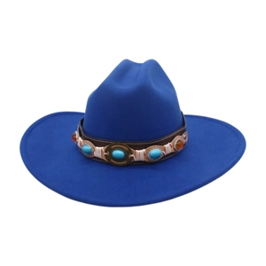 Sombrero fedora de fieltro azul con ala ancha y banda de cuero estilo étnico
