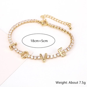 Golden LOVE letter bracelet with zircons, weight 7.5g, length 18cm plus 5cm extension