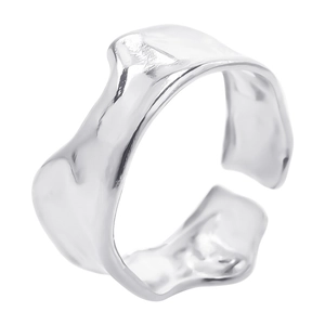Detail view of the irregular molten lava texture on an adjustable open metal ring