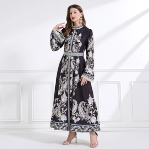 Retro high collar floral maxi dress with waist belt and vintage paisley print