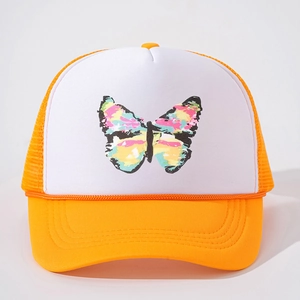 Casquette trucker orange et blanche avec motif papillon coloré et sangle réglable