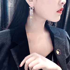Sparkling S925 silver star tassel earrings with zircons worn by a model in profile