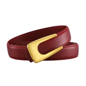 Women's burgundy leather belt with elegant gold U-shaped buckle for dresses and suits