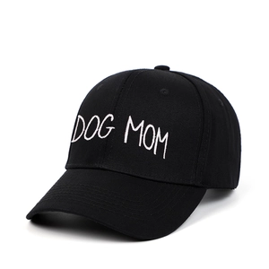 Classic black baseball cap with white DOG MOM embroidery on a six-panel structured hat