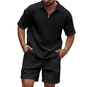Men's black waffle texture short-sleeved polo and shorts two-piece summer casual set