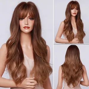 Three-way view of long ombre brown wavy synthetic wig with bangs on a mannequin head
