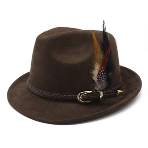 Vintage Faux Suede Fedora Hat With Woven Band Gold Buckle And Feather Accent Retro Jazz Style Gentleman