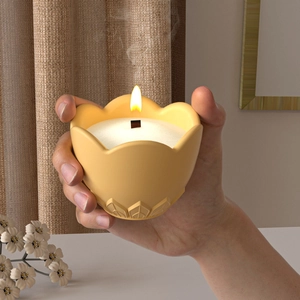 Handheld embossed yellow floral candle cup resin mold for DIY plaster craft storage