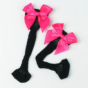 Detail view of black fishnet socks featuring vibrant pink satin bows on a white background