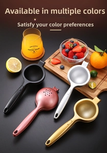 Zinc alloy manual citrus squeezer in four metallic finishes shown on dark background