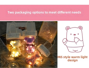 Detail of bear-shaped towels in gift bags with warm LED lights and elegant ribbons