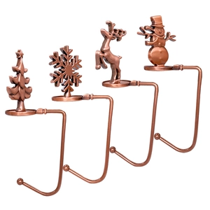 Detailed set of 4 bronze Christmas stocking hooks with tree, snowflake, reindeer and snowman