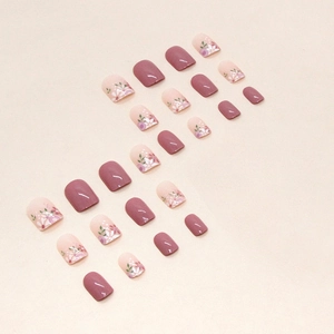 24-piece pink and floral short square press-on nails with glossy finish for women
