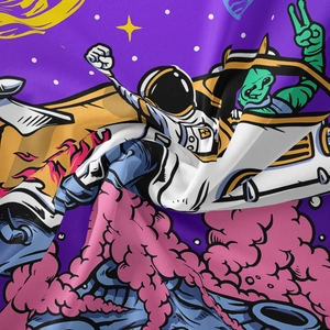 Detail of fabric texture on tapestry featuring astronaut and alien sci-fi illustration