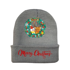 Grey Christmas knit hat with Merry Christmas embroidery and festive reindeer patterns