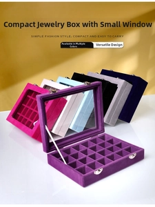 Detailed stack of 24-grid velvet jewelry boxes showing multiple colors and glass window