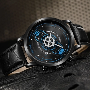 YOLAKO Men's Fashion Watch with Black Leather Strap and Modern Blue Dial Details