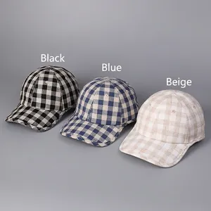 Three premium linen plaid baseball caps in black, navy blue, and beige colors