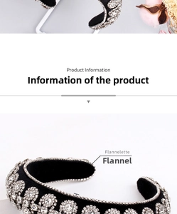 Detail of baroque black flannelette headband with silver rhinestone floral patterns